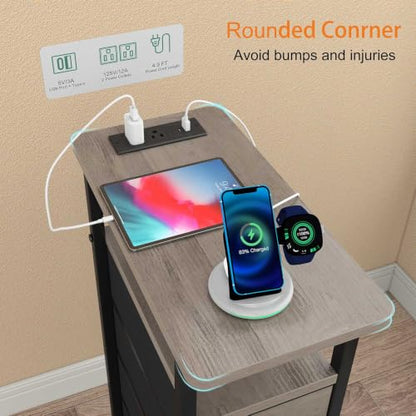 Nightstand Set 2 with Charging Station - Grey, 4 Fabric Drawers & LED RGB Light (Variation: Grey / Power & LED)