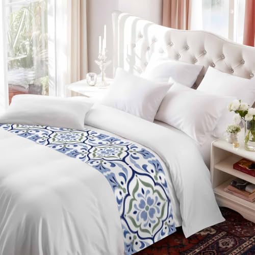 Queen Bed Runner Satin Majolica Print Blue Green Decorative 83x20 with Variation Blue & Slate Blue