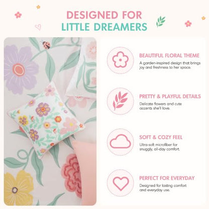 Kids Floral Pink Comforter Set with 3D Embroidered Flowers & Pillow - Twin/Twin XL