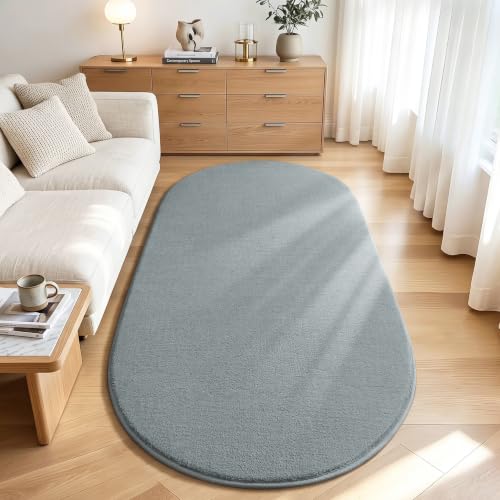 LOCHAS Oval Bedroom Rug 2.6x5.3 Feet Washable Grey Non-Slip Rug for Bedroom