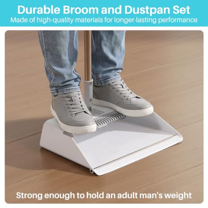 JOYMOOP White Broom and Dustpan Set with Built-in Comb Tooth - Foldable Upright Design, Angled Broom, Adjustable Extension Pole, Home & Commercial Cleaning (Variation A)