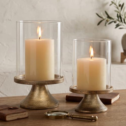 Gold Hurricane Candle Holders Set with Metal Base - Windproof Glass Lanterns for Indoor & Outdoor Decor