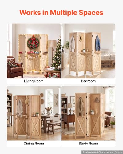 Wood Room Divider Pegboard Folding Privacy Screen with Shelves - Natural Finish