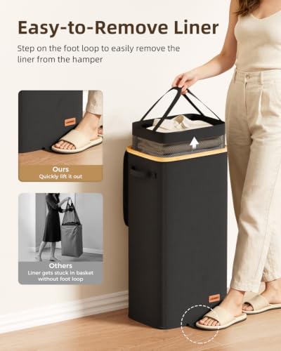 100L Laundry Hamper with Lid Black - Large Clothes Storage Bin with Removable Bag & Foot Loop