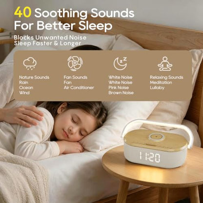 White Noise Sound Machine with Alarm Clock & Wireless Charger - Smart Control & 40 Ambient Sounds
