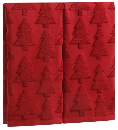 Christmas Hand Towels Set - Red Tree Pattern, 2 Pack, Cotton Bathroom Decor