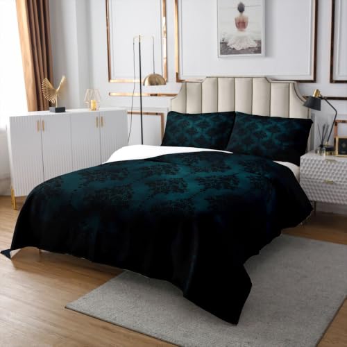 Castle Fairy Damask Bedspread Quilt Set King Teal Black Vintage Floral with Pillow Shams