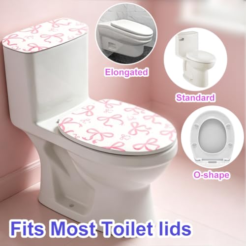 Pink Bow Toilet Lid Cover and Tank Cover Set - Stretch Fabric Bathroom Decor - Fits Round, Elongated & Oblong Toilets - 2 Pieces