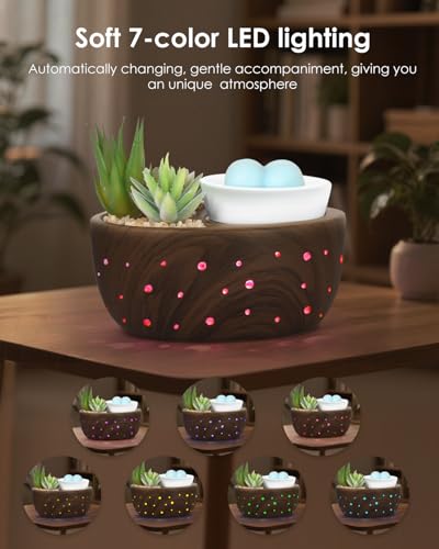 LUXARAPY Ceramic Wax Melt Warmer with Japanese Design, 4-in-1 Electric Oil Diffuser, Succulent Bowl, Brown Wood Grain