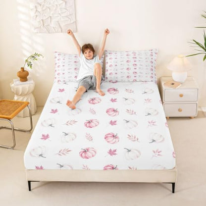 Autumn Pumpkin Kids Fitted Sheet Set with Pillowcases - Pink, Full Size W54 x L75 inches
