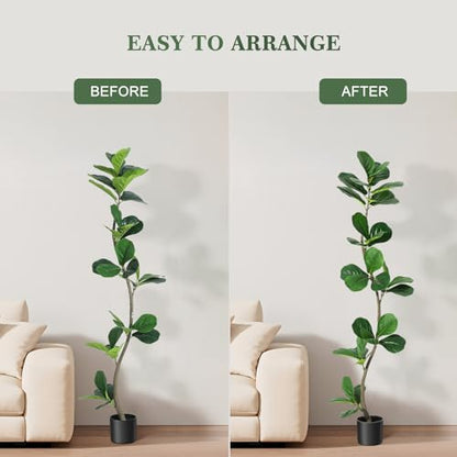 GarveeHome Artificial Fiddle Leaf Fig Tree - 5 ft Fake Plant with Black Nursery Planter, Large Fake Tree for Home or Office Decor - Artificial Plants Indoor Outdoor, Housewarming Gift