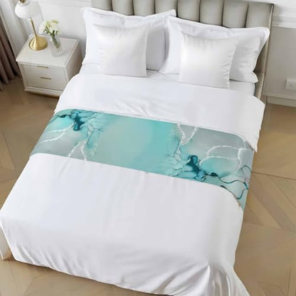 Twin Bed Aqua Marble Bed Runner - Decorative Fluid Art Bed Scarf 71x20in - CosyBright