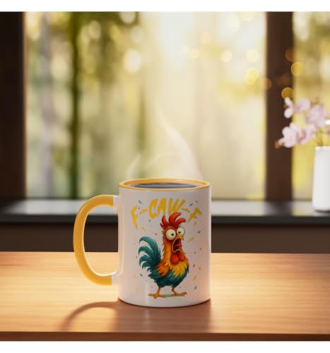 Funny Rooster Ceramic Mug - F Caw F Chicken Whisperer 11oz Yellow/White