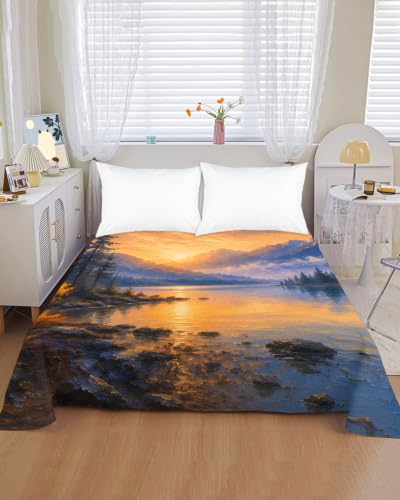 Blue King Size Flat Sheet - Microfiber Breathable Bedding with Mountain Landscape