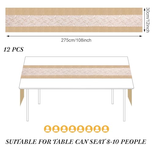 Burlap Table Runners with Lights - 12 x 108 Inches, Floral Lace, 12 Pcs - Flower Variation