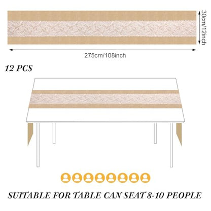 Burlap Table Runners with Lights - 12 x 108 Inches, Floral Lace, 12 Pcs - Flower Variation