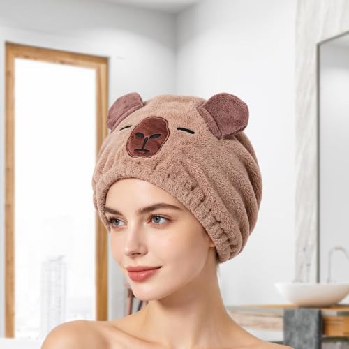 Light Brown Animal-Shaped Hair Towel with Ears, Soft Coral Fleece, Versatile & Absorbent