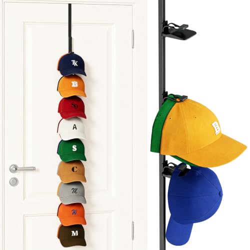 HapiRm Black Hat Organizer for Baseball Caps - Over Door Metal Rack Holds 18+
