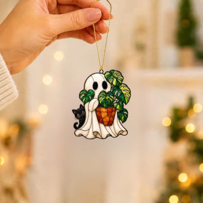Halloween Ghost Monstera Ornament - Cat Variation, Flat Acrylic Decor, 3.94 Inch