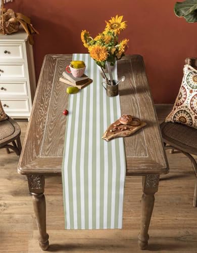 Sage Green Striped Cotton Linen Table Runner 13x72 Inch - Modern Farmhouse Decor