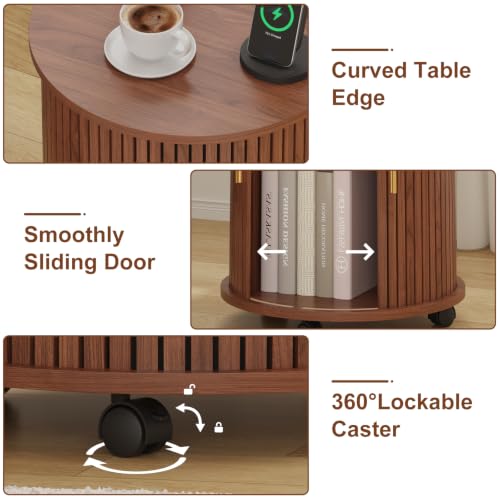 Fluted End Table with Lockable Charging Station, Walnut – 2-Drawer/2 Sockets & USB, Wheels