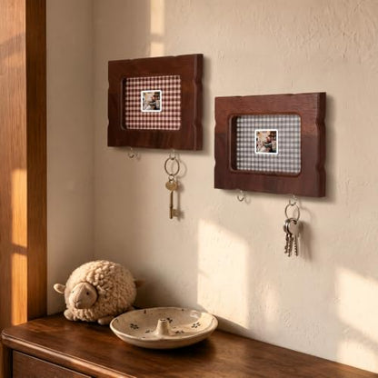 Walnut Wood Picture Frame with Key Hooks Wall Mount Set of 2