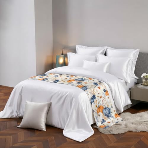 Navy Blue Fall Bed Runner Scarf King Size 94x20 Inch for Bedroom Decor - Navy Blue Beige