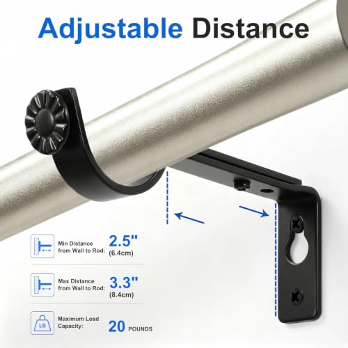 Black Curtain Rod Brackets Heavy Duty Wall Mount 2 Pack for 1 Inch Round Rods