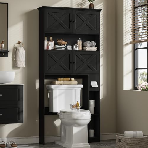 Over Toilet Storage Cabinet with Doors & Paper Holder, Black - Space Saving Bathroom Organizer