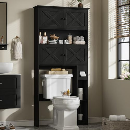 Over Toilet Storage Cabinet with Doors & Paper Holder, Black - Space Saving Bathroom Organizer