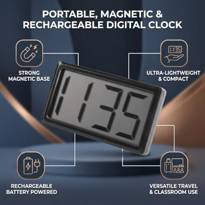 Magnetic Digital Clock with 12 Hour Display - Black, Portable