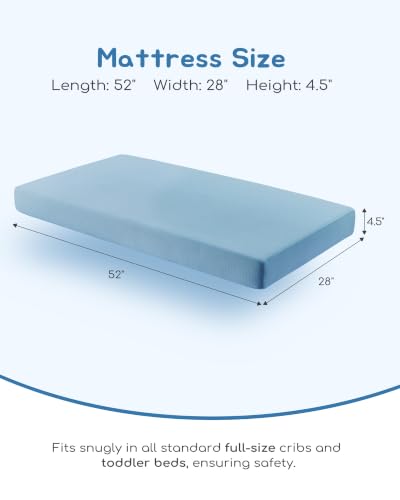 Breathable Waterproof Crib Mattress - Full Size Baby & Toddler Bed - Blue