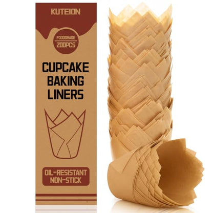 Natural 200 pcs Tulip Cupcake Liners for Baking Muffins - Premium, Non-Stick