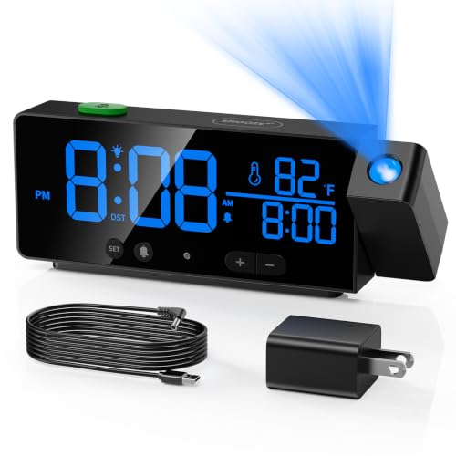 Projection Alarm Clock for Bedroom Ceiling with Auto Brightness, Black+Blue