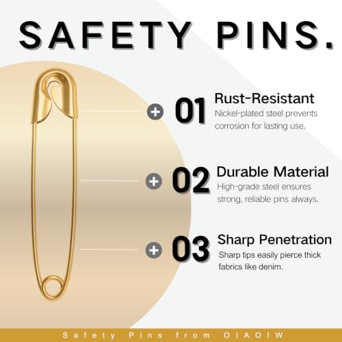 Gold Safety Pins Set 350 Pack Heavy Duty Assorted Sizes - Strong & Rust-Resistant