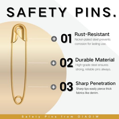 Gold Safety Pins Set 350 Pack Heavy Duty Assorted Sizes - Strong & Rust-Resistant