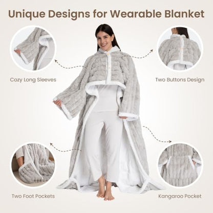 PROALLER Light Grey Wearable Heated Blanket with Foot Pocket, Faux Fur & Sherpa Fleece 52x72 Inches