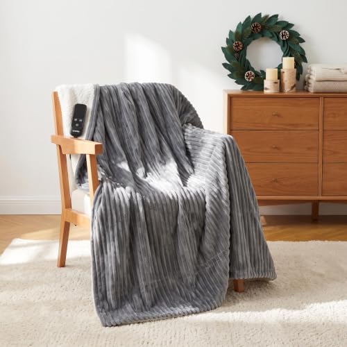 Garvee Light Gray Heated Blanket with Foot Pockets, 50x62 Electric Throw, Reversible Ribbed & Sherpa