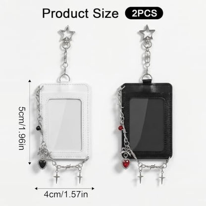 2-Pack Leather Photo Card Holder Keychain - Punk Style ID Badge Case