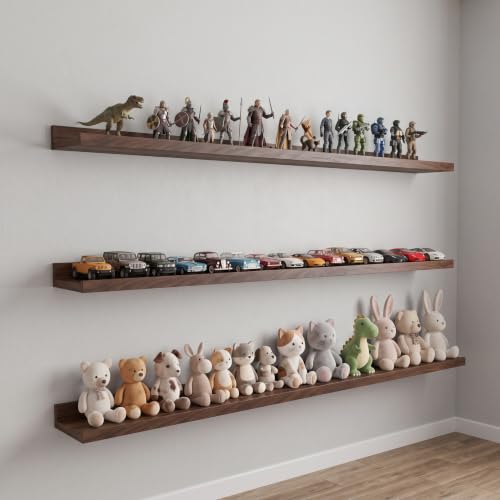 Floating Wall Shelves with Front Lip - 48 Inch Black Walnut, Set of 3