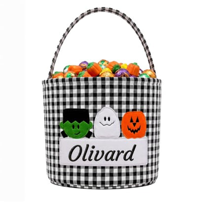 Personalized Halloween Gingham Basket with Embroidered Name - Black