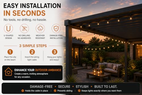 Mirador-Compatible Pergola String Light Clips - Black, 15 Pack - No-Drill, No Adhesive