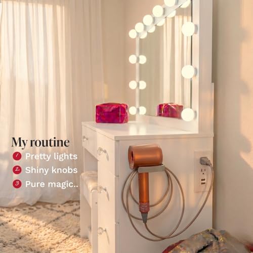 Cleo Vanity Desk with Framed Bulb Mirror, 5-Drawer Makeup Station & Stool