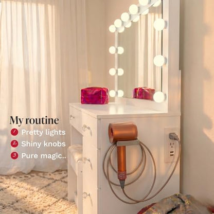 Cleo Vanity Desk with Framed Bulb Mirror, 5-Drawer Makeup Station & Stool