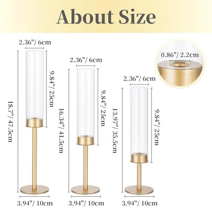 Hewory Gold Candlestick Holders Set of 12 - Glass Hurricane with Brass Bases, Matte Gold Variation