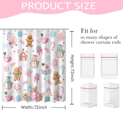 Christmas Shower Curtain 72x72 Inches Snowman Gingerbread Kids Waterproof Fabric Holiday Decor
