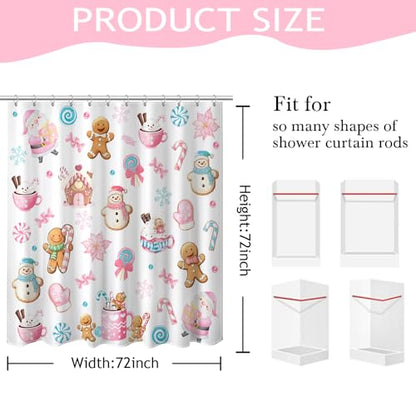 Christmas Shower Curtain 72x72 Inches Snowman Gingerbread Kids Waterproof Fabric Holiday Decor