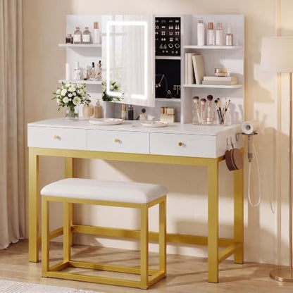 Vanity Desk Set with Mirror, Lights & Outlets - Ivory White