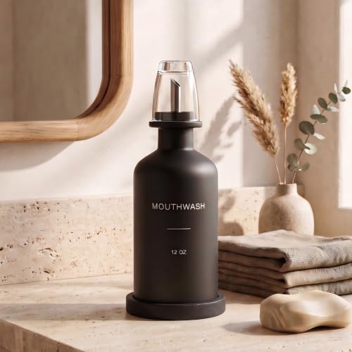 Glass Mouthwash Dispenser Set Black with Reusable Cup & Bamboo Nozzle - 350ml