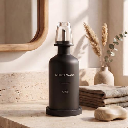 Glass Mouthwash Dispenser Set Black with Reusable Cup & Bamboo Nozzle - 350ml